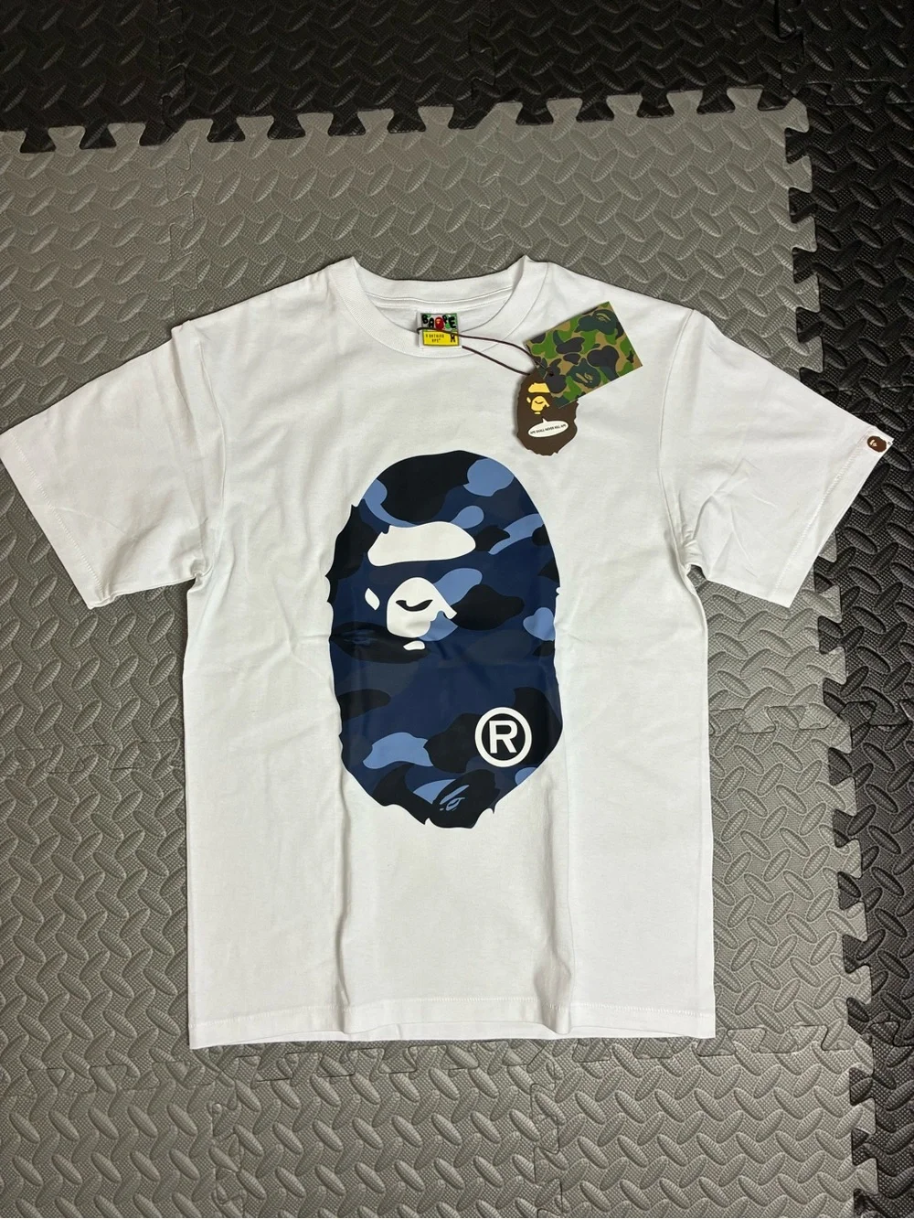 A Bathing Ape Kids' White T-Shirt with Blue Camo Ape Head